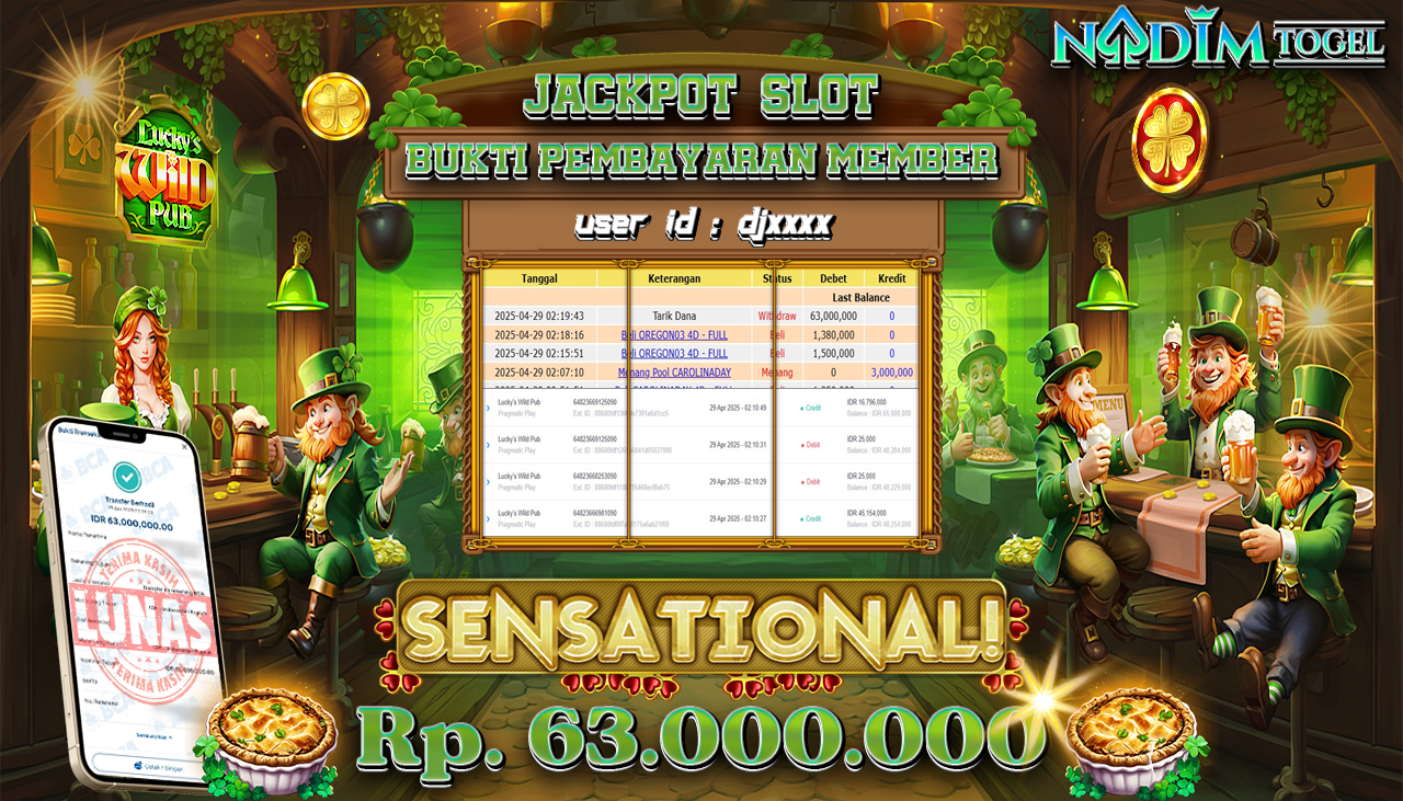 NADIMTOGEL JACKPOT SLOT LUCKY S WILD PUB Rp 63.000.000,- LUNAS