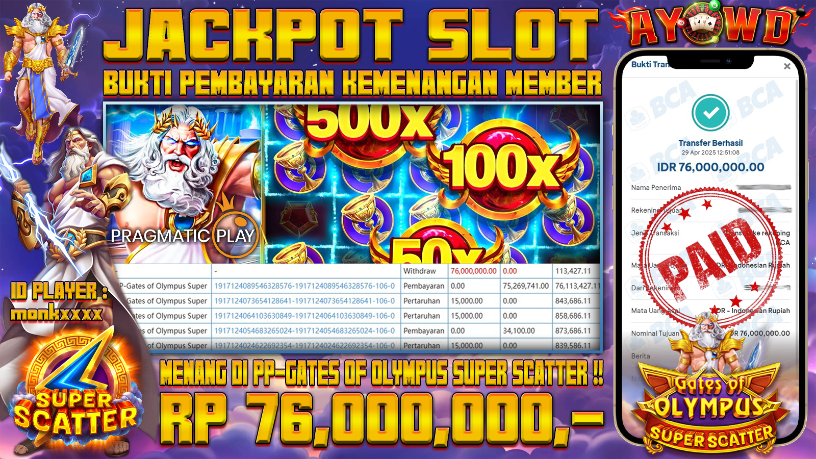 AYOWD JACKPOT SLOT GAMES PP-Gates of Olympus Super Scatter Rp 76,000,000,- LUNAS