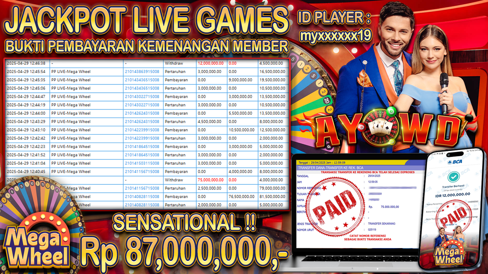 AYOWD JACKPOT LIVE GAMES PP LIVE-Mega Wheel Rp 87,000,000 LUNAS