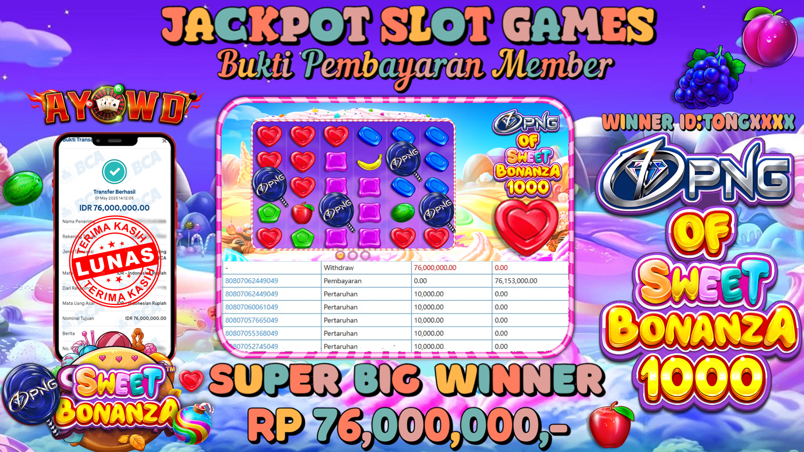 AYOWD JACKPOT SLOT GAMES PP-PNG of Sweet Bonanza 1000 Rp 76,000,000,- LUNAS
