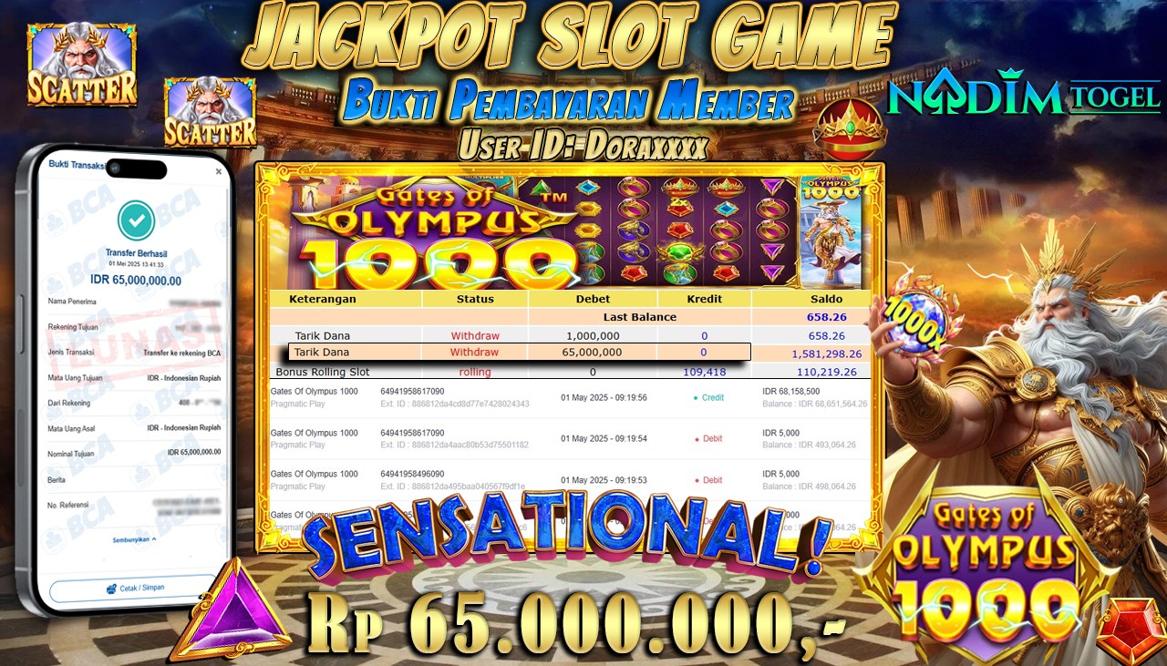 NADIMTOGEL JACKPOT SLOT GATES OF OLYMPUS -1000 Rp 65.000.000,- LUNAS