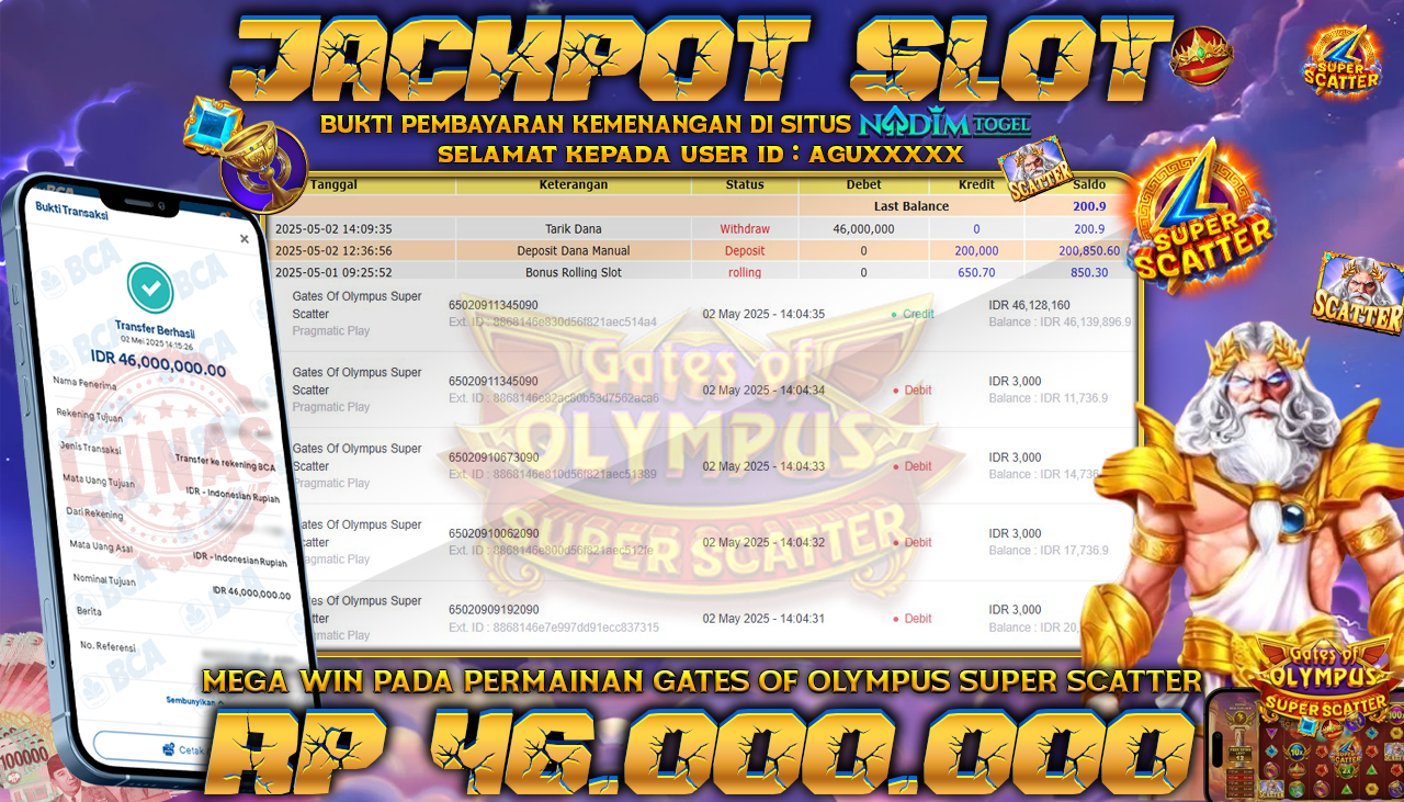 NADIMTOGEL JACKPOT SLOT GATES OF OLYMPUS SUPER SCATTER Rp 46.000.000,- LUNAS