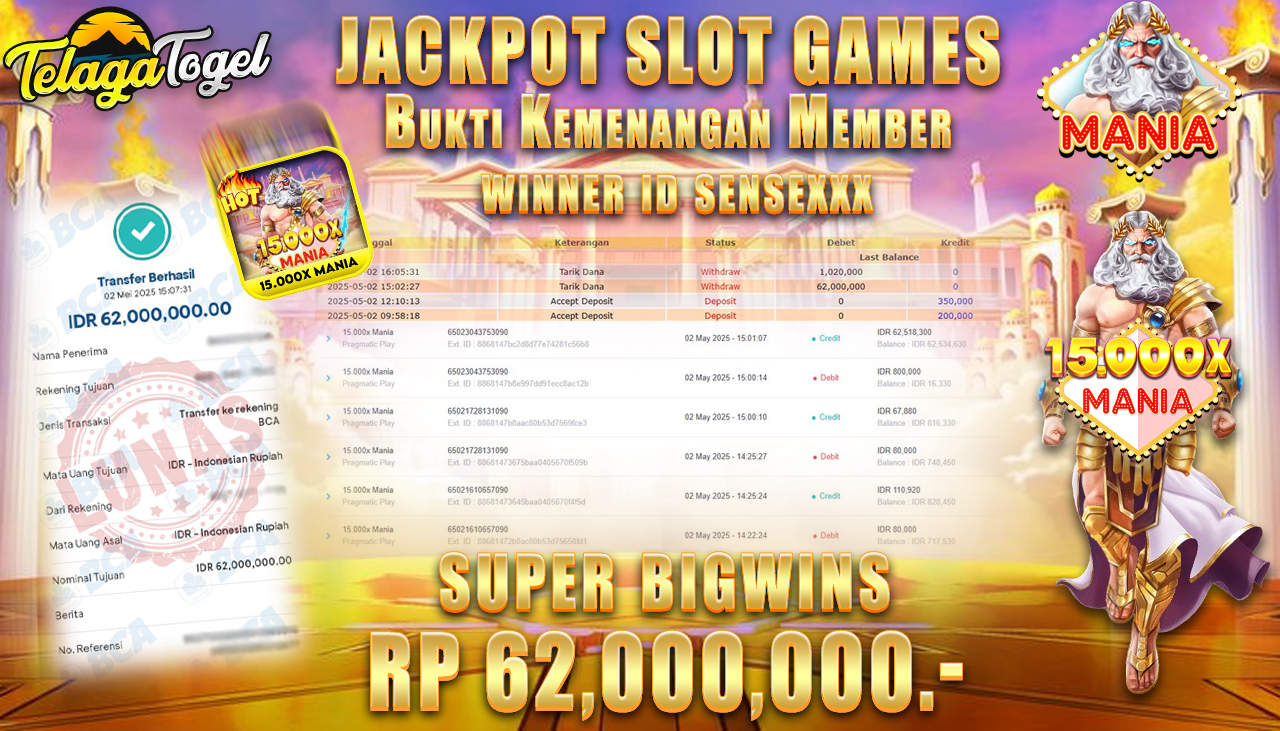 TELAGATOGEL JACKPOT SLOT 15.000X MANIA  Rp 62,000,000,- LUNAS 