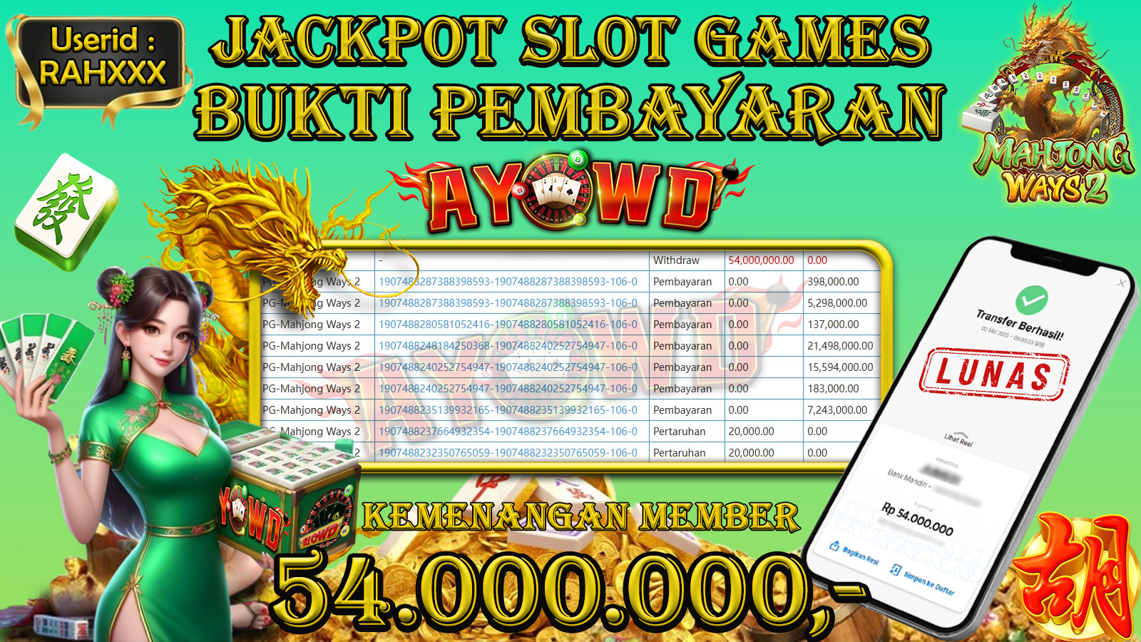 AYOWD JACKPOT SLOT GAMES PG-Mahjong Ways 2 Rp 54,000,000,- LUNAS