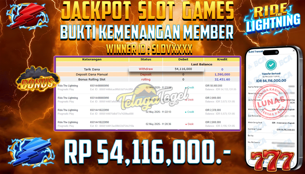 TELAGATOGEL JACKPOT SLOT RIDE THE LIGHTING Rp 54,116,000,- LUNAS 