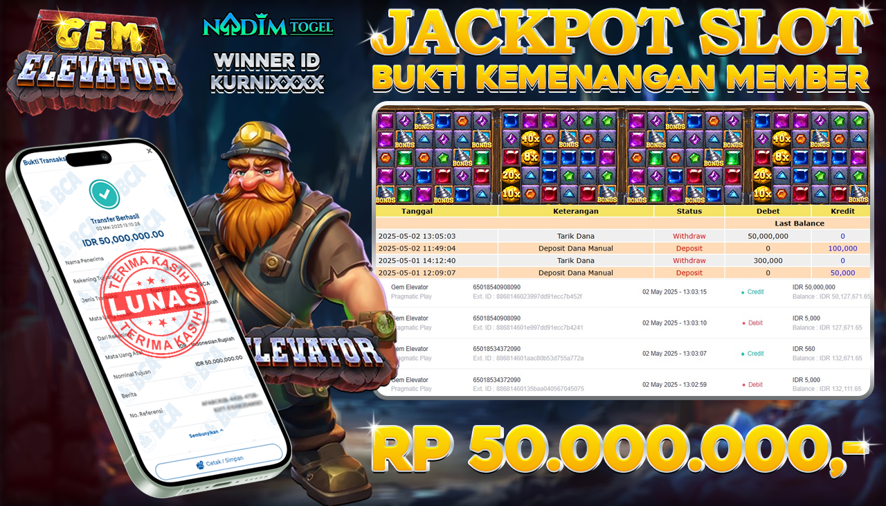 NADIMTOGEL JACKPOT SLOT GEM ELEVATOR Rp 50.000.000,- LUNAS