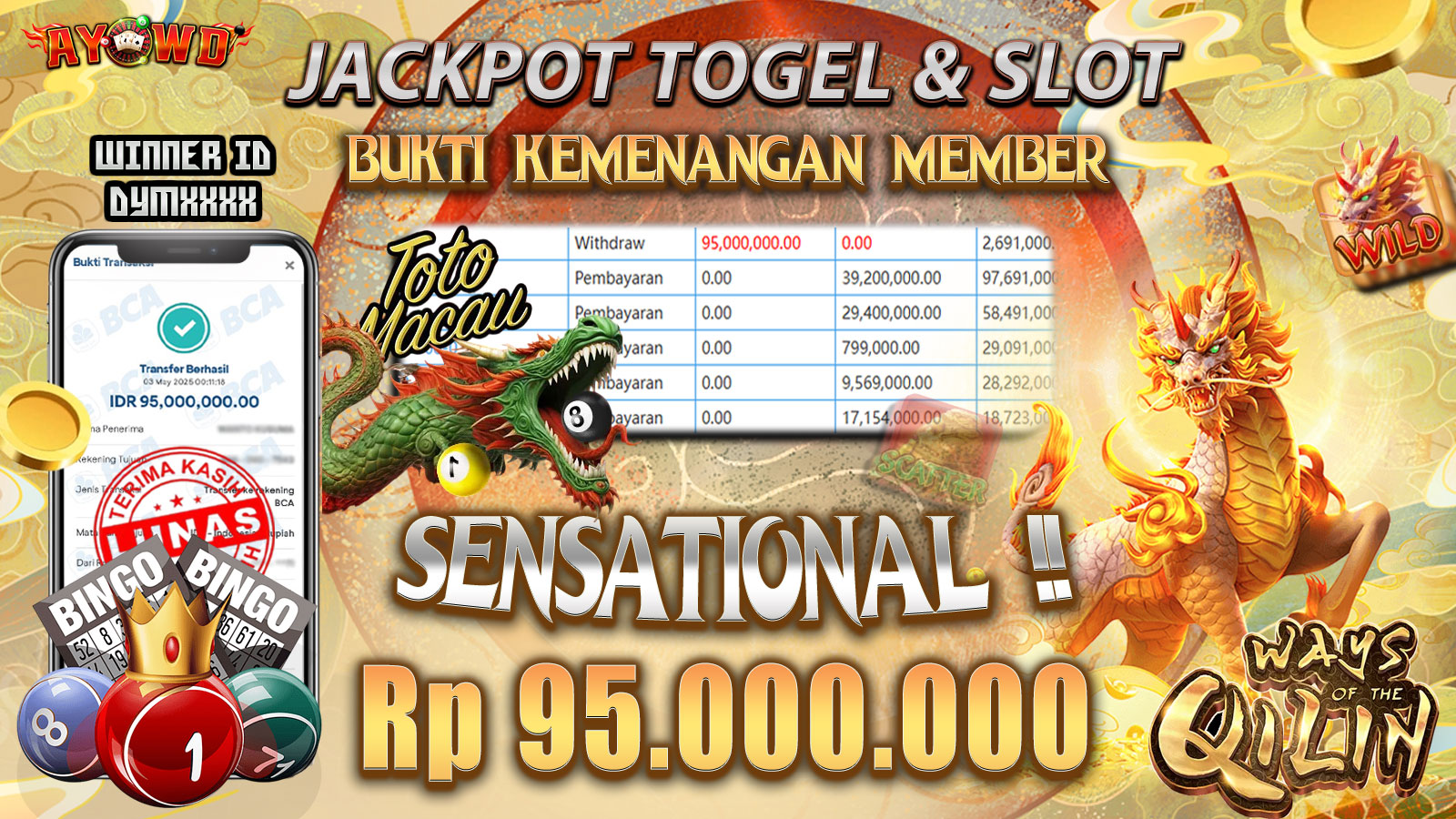AYOWD JACKPOT SLOT GAMES PG-WAYS OF THE QILIN & LOTTERY TOTO MACAU Rp 95,000,000,- LUNAS