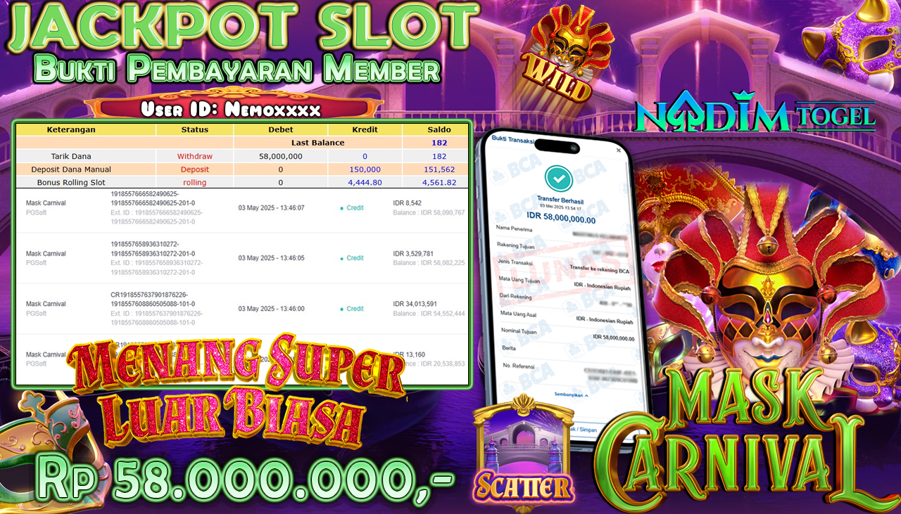 NADIMTOGEL JACKPOT SLOT MASK CARNIVAL-PRAGMATIC PLAY  Rp 58,000,000,- LUNAS