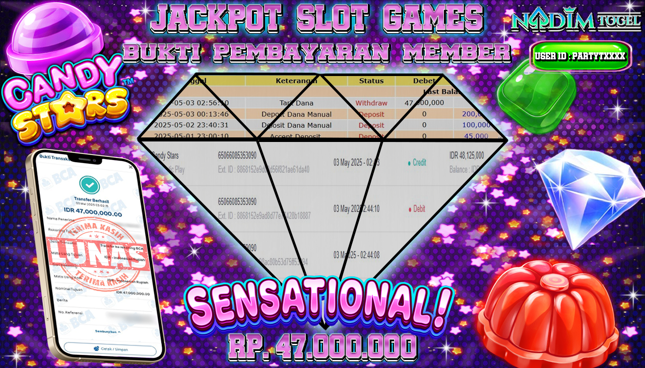 NADIMTOGEL JACKPOT SLOT CANDY STARS Rp. 47.000.000,- LUNAS