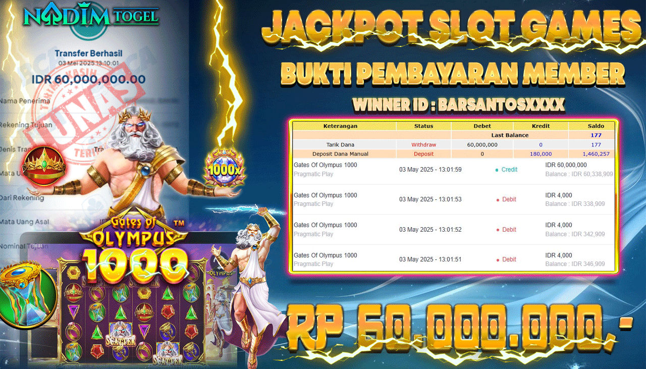 NADIMTOGEL JACKPOT SLOT GATES OF OLYMPUS 1000 Rp 60,000,000,- LUNAS
