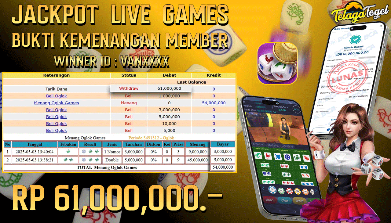 TELAGATOGEL JACKPOT LIVE GAMES OGLOK Rp 61,000,000,- LUNAS 