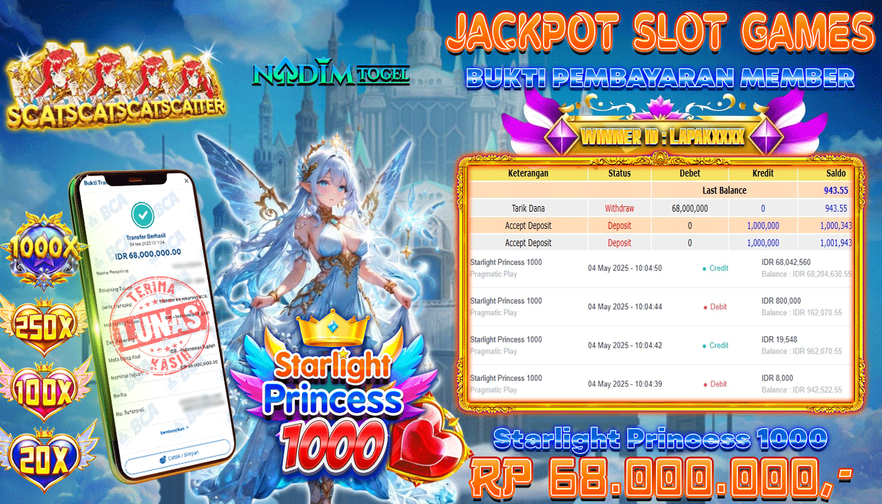 NADIMTOGEL JACKPOT SLOT STARLIGHT PRINCESS 1000 Rp 68,000,000,- LUNAS