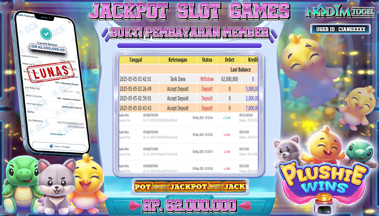NADIMTOGEL JACKPOT SLOT PLUSHIE WINS Rp. 62.000.000,- LUNAS