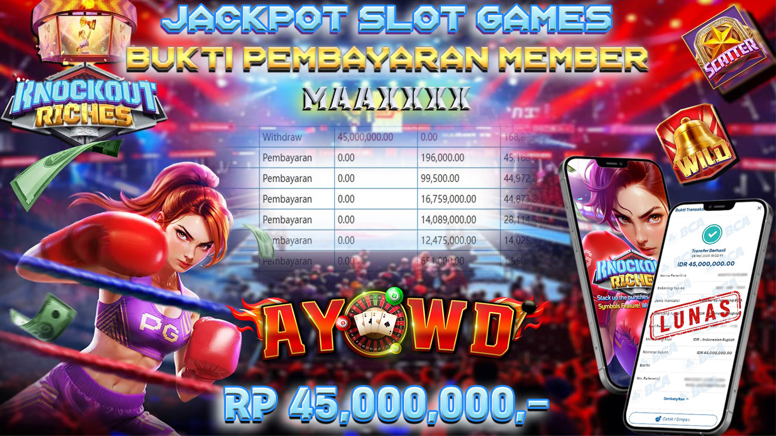 AYOWD JACKPOT SLOT GAMES PG-KNOCKOUT RICHES Rp 45,000,000,- LUNAS