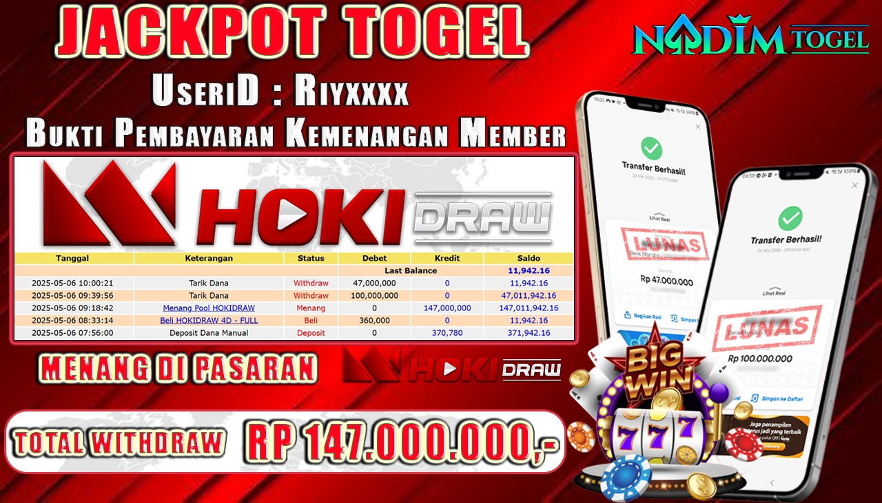NADIMTOGEL JACKPOT TOGEL HOKIDRAW Rp. 147.000.000,- LUNAS