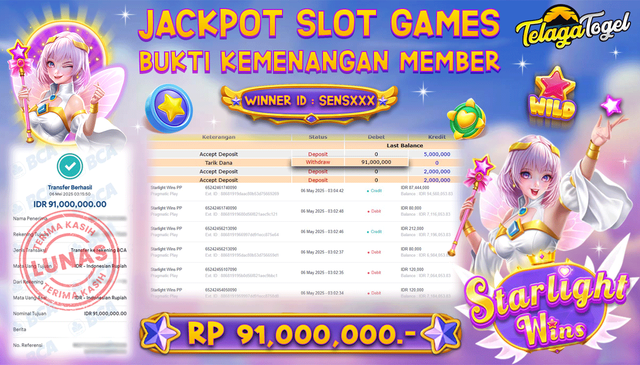 TELAGATOGEL JACKPOT SLOT STARLIGHT WINS PP Rp 91,000,000,- LUNAS 