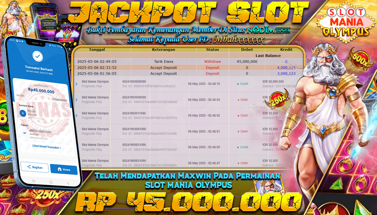 NADIMTOGEL JACKPOT SLOT MANIA OLYMPUS Rp 45.000.000,- LUNAS