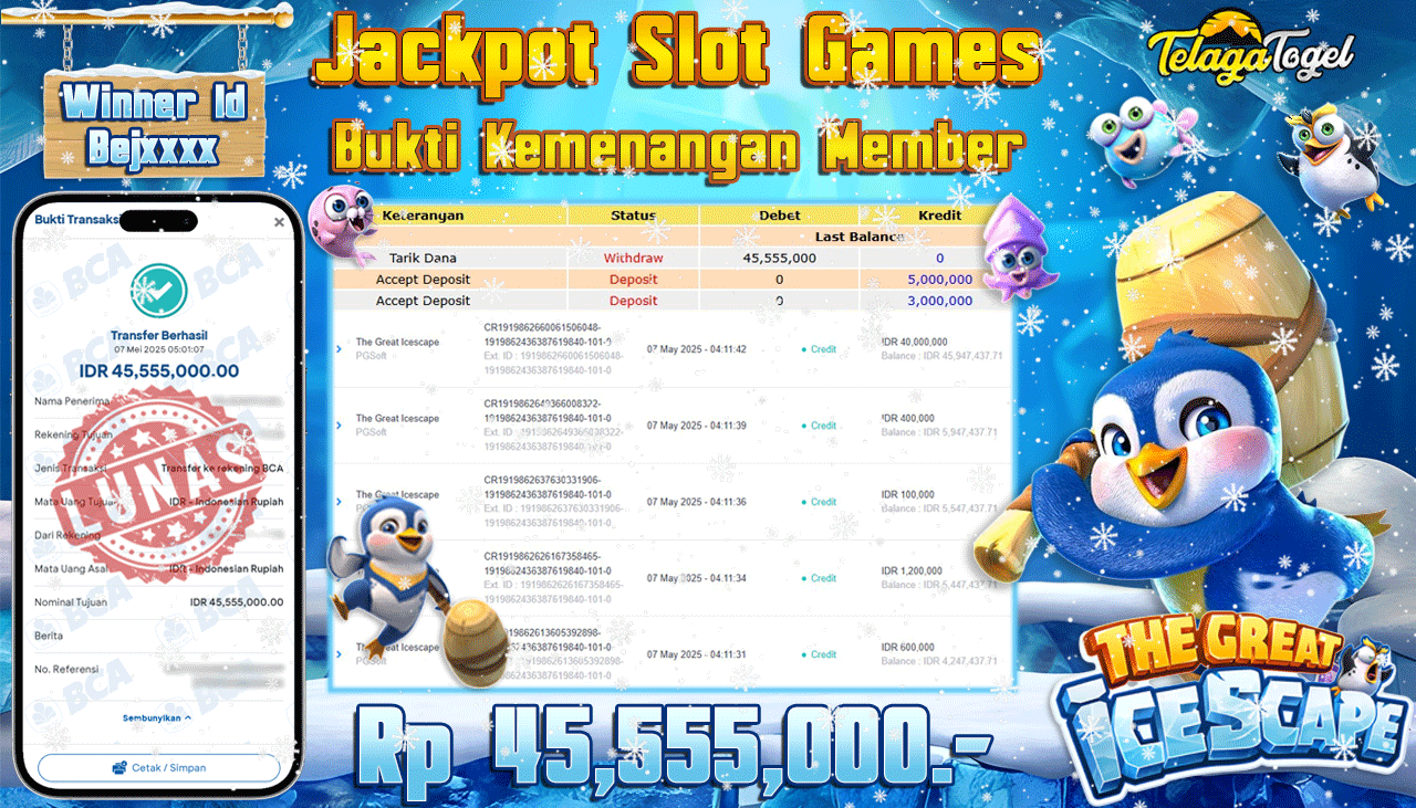 TELAGATOGEL JACKPOT SLOT THE GREAT ICESCAPE Rp 45,555,000,- LUNAS 