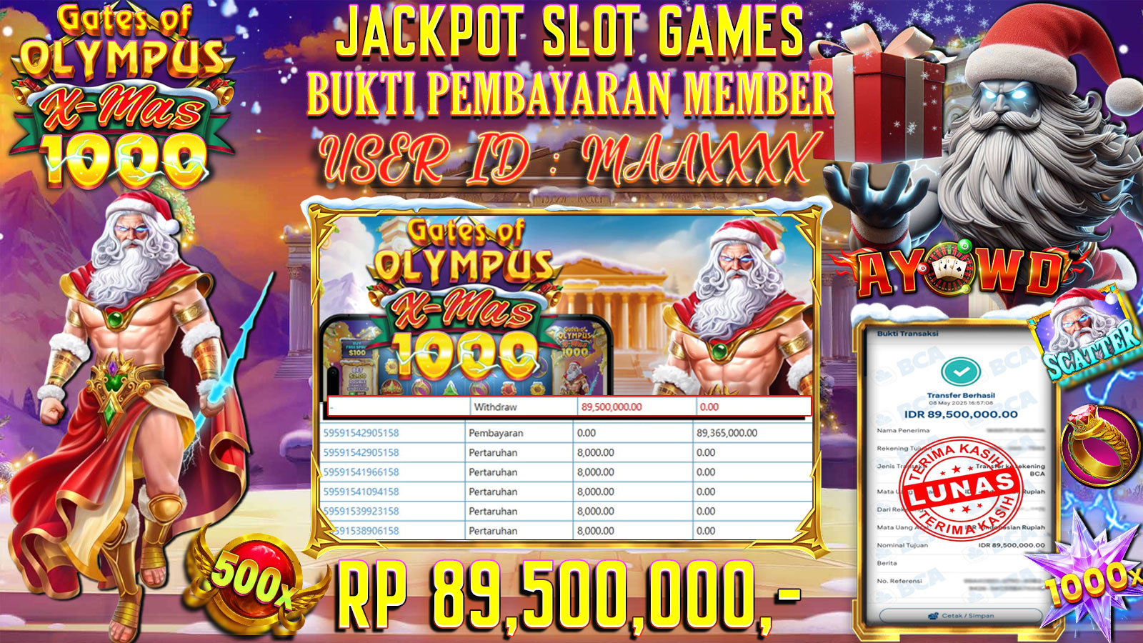 AYOWD JACKPOT SLOT GAMES PP-GATES OF OLYMPUS XMAS 1000 Rp 89,500,000,- LUNAS