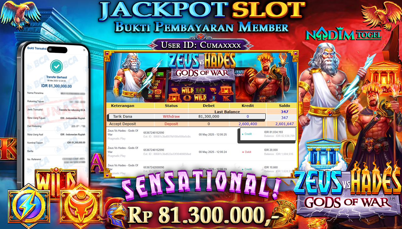 NADIMTOGEL JACKPOT SLOT  ZEUS VS HADES GODS OF WAR Rp. 81.300.000,- LUNAS