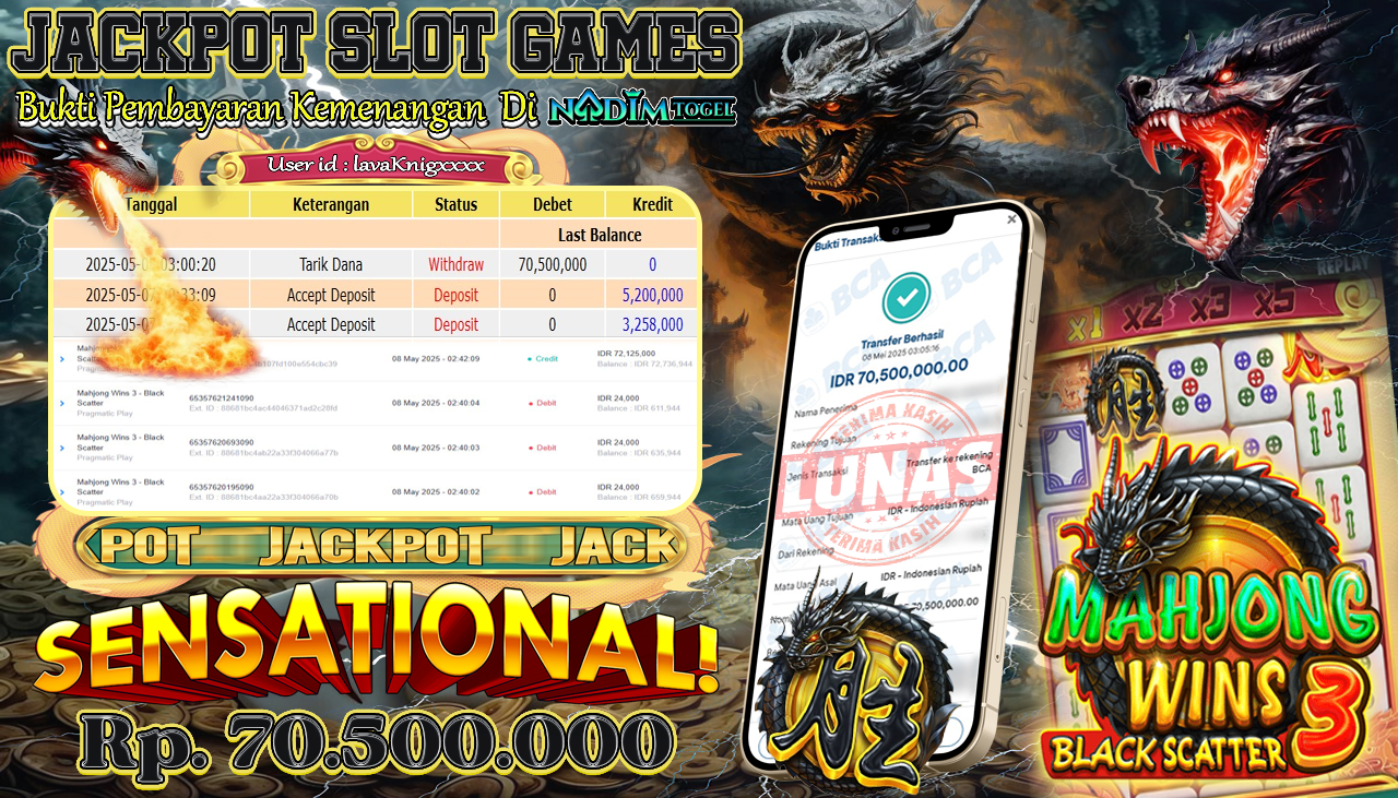 NADIMTOGEL JACKPOT SLOT MAHJONG WINS 3 - BLACK SCATTER Rp. 70.500.000,- LUNAS