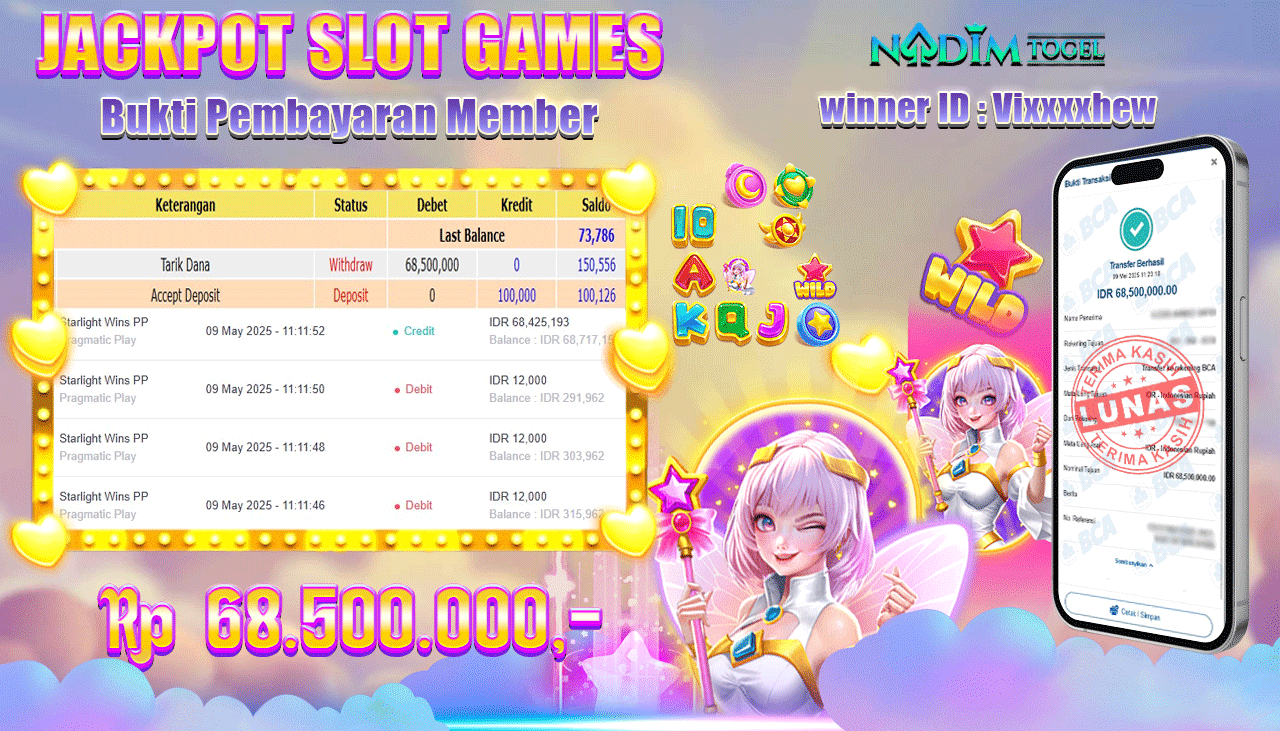 NADIMTOGEL JACKPOT SLOT STARLIGHT WINS PP Rp 68.500.000,- LUNAS