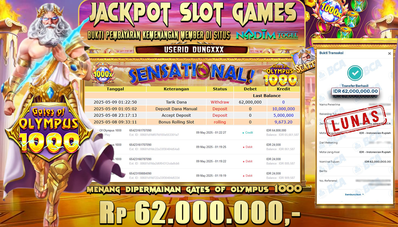NADIMTOGEL JACKPOT SLOT GATES OF OLYMPUS 1000 Rp 62.000.000,- LUNAS