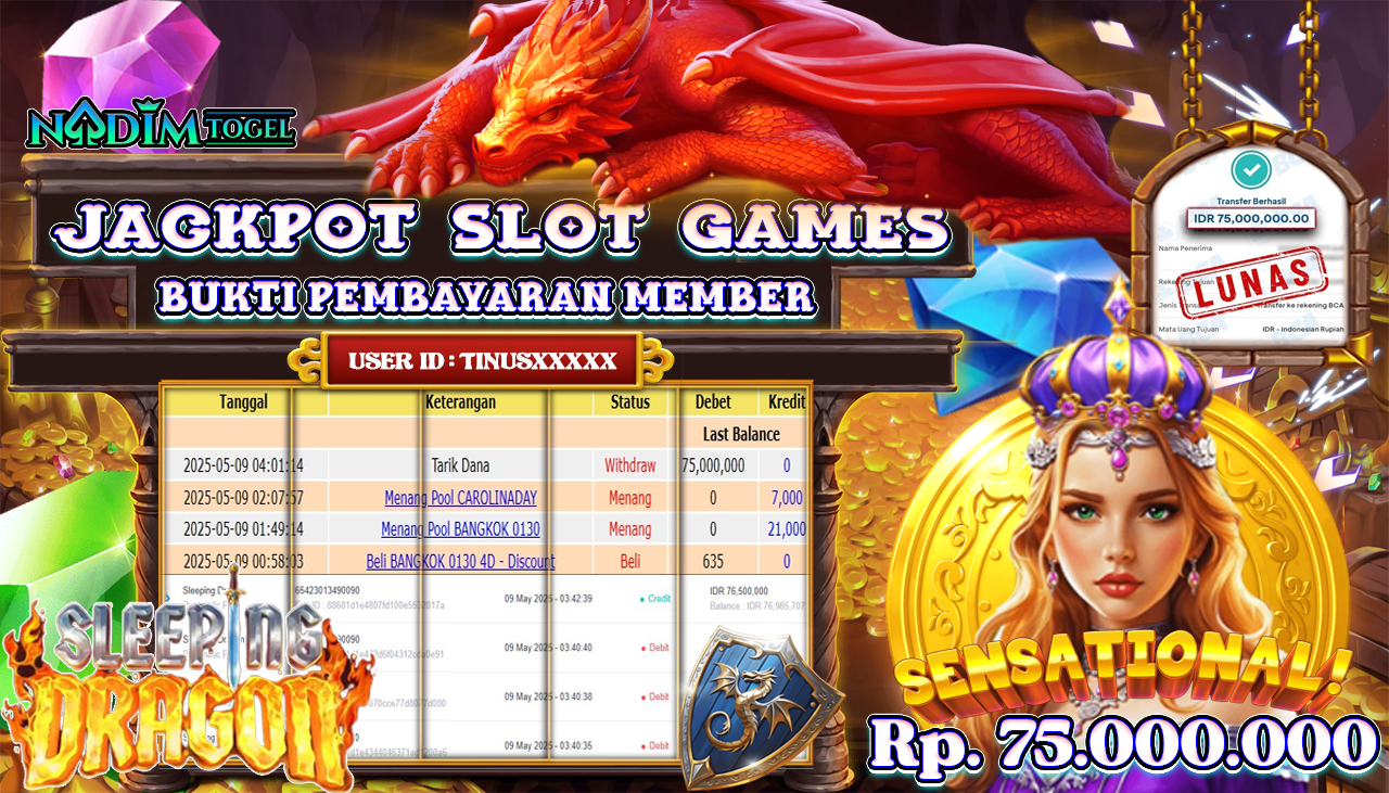 NADIMTOGEL JACKPOT SLOT SLEEPING DRAGON Rp 75.000.000,- LUNAS