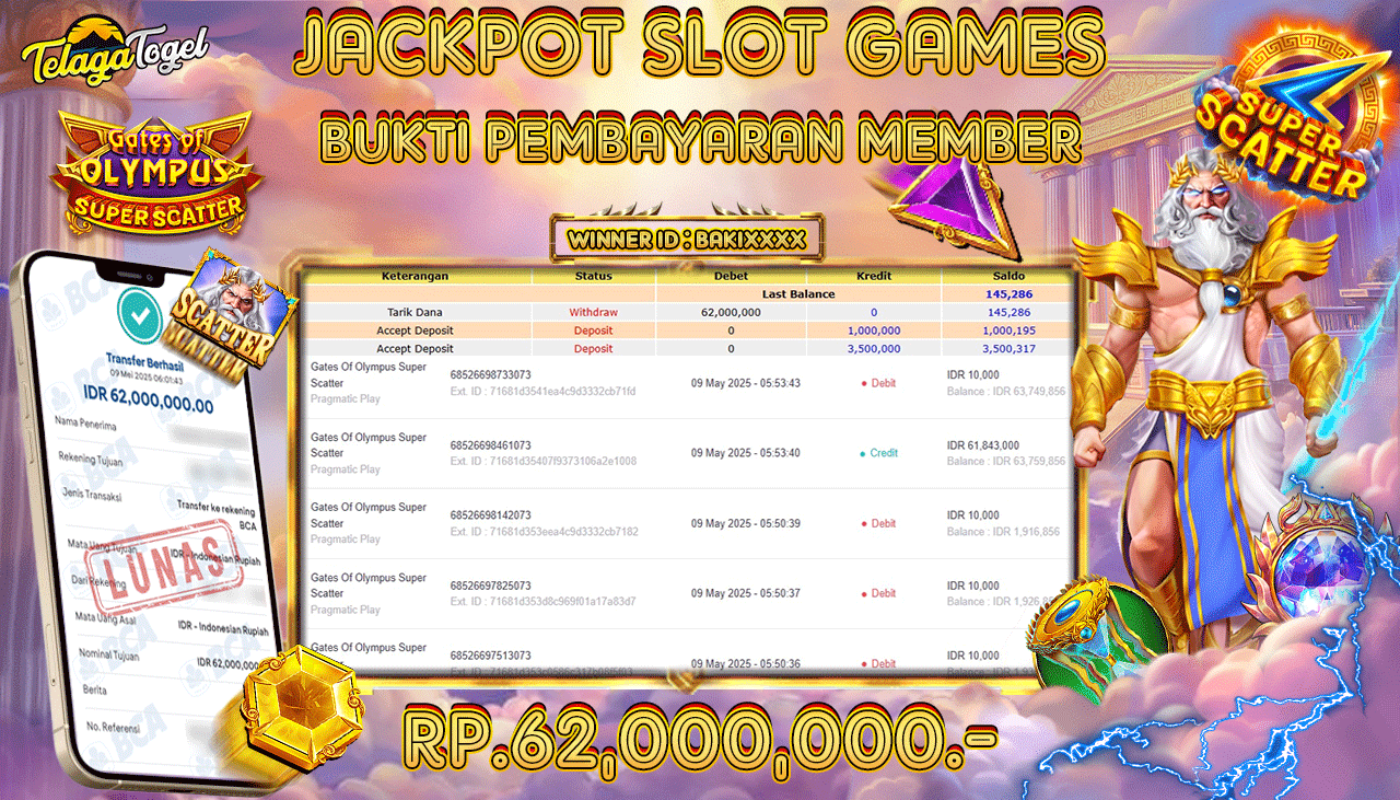 TELAGATOGEL JACKPOT SLOT GATES OF OLYMPUS SUPER SCATTER Rp 62,000,000,- LUNAS 