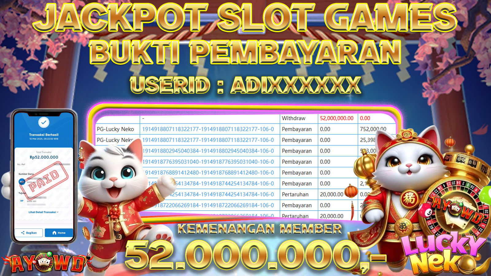 AYOWD JACKPOT SLOT GAMES PG-Lucky Neko Rp 52,000,000,- LUNAS