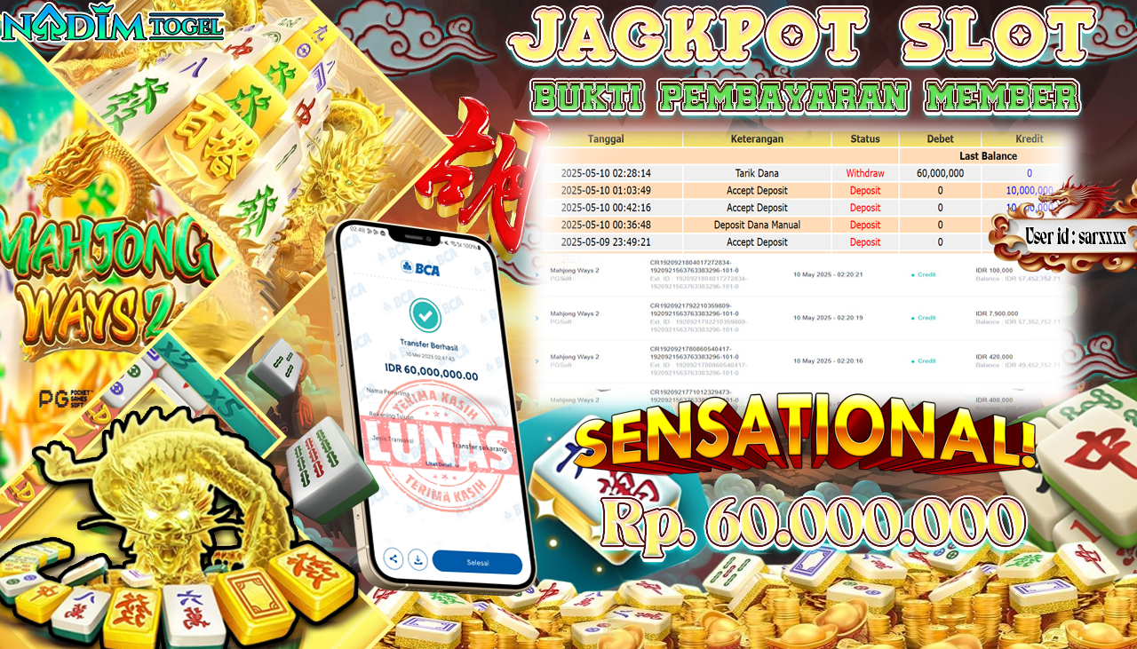 NADIMTOGEL JACKPOT SLOT MAHJONG WAYS 2 Rp 60.000.000,- LUNAS