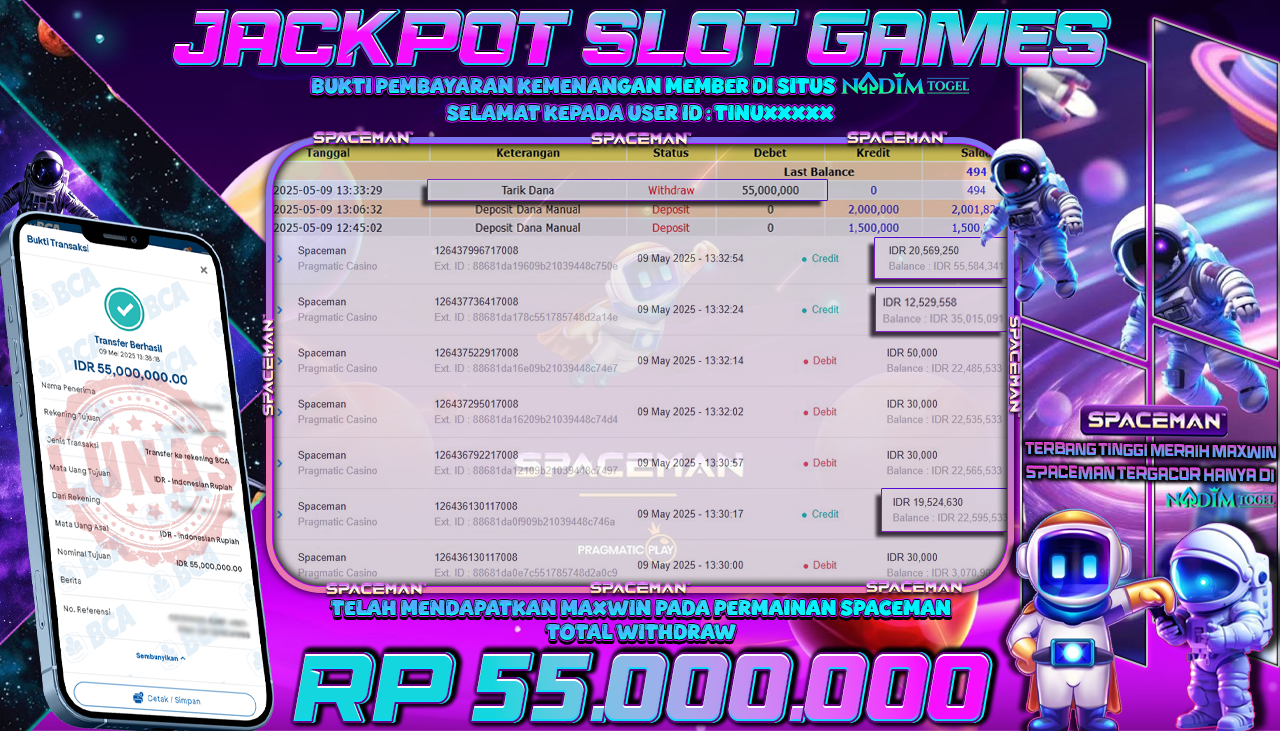 NADIMTOGEL JACKPOT SLOT GAMES SPACEMAN Rp 55.000.000,- LUNAS