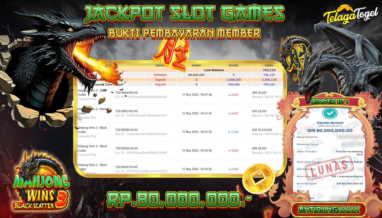 TELAGATOGEL JACKPOT SLOT MAHJONG WINS BLACK SCATTER 3 Rp 80,000,000,- LUNAS 