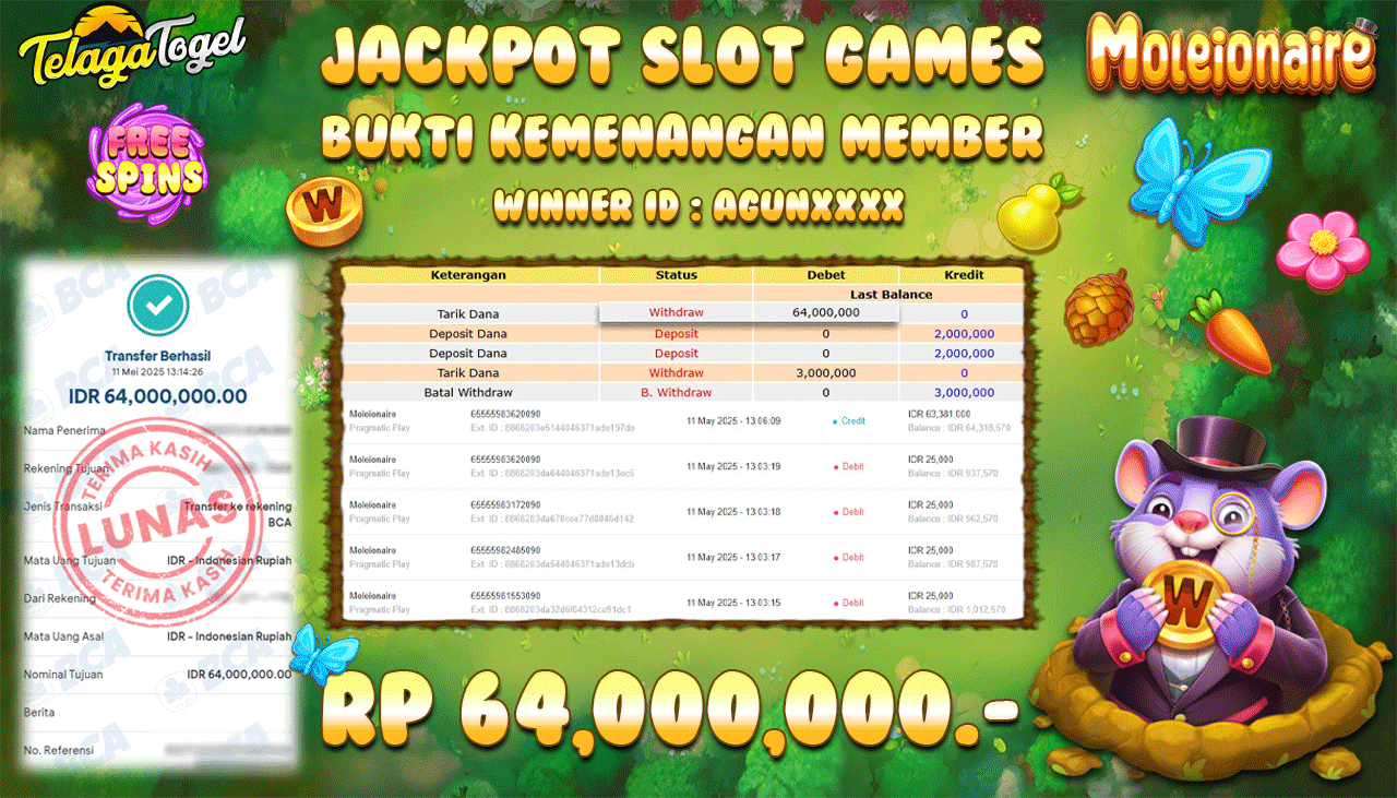 TELAGATOGEL JACKPOT SLOT MOLEIONAIRE Rp 64,000,000,- LUNAS 