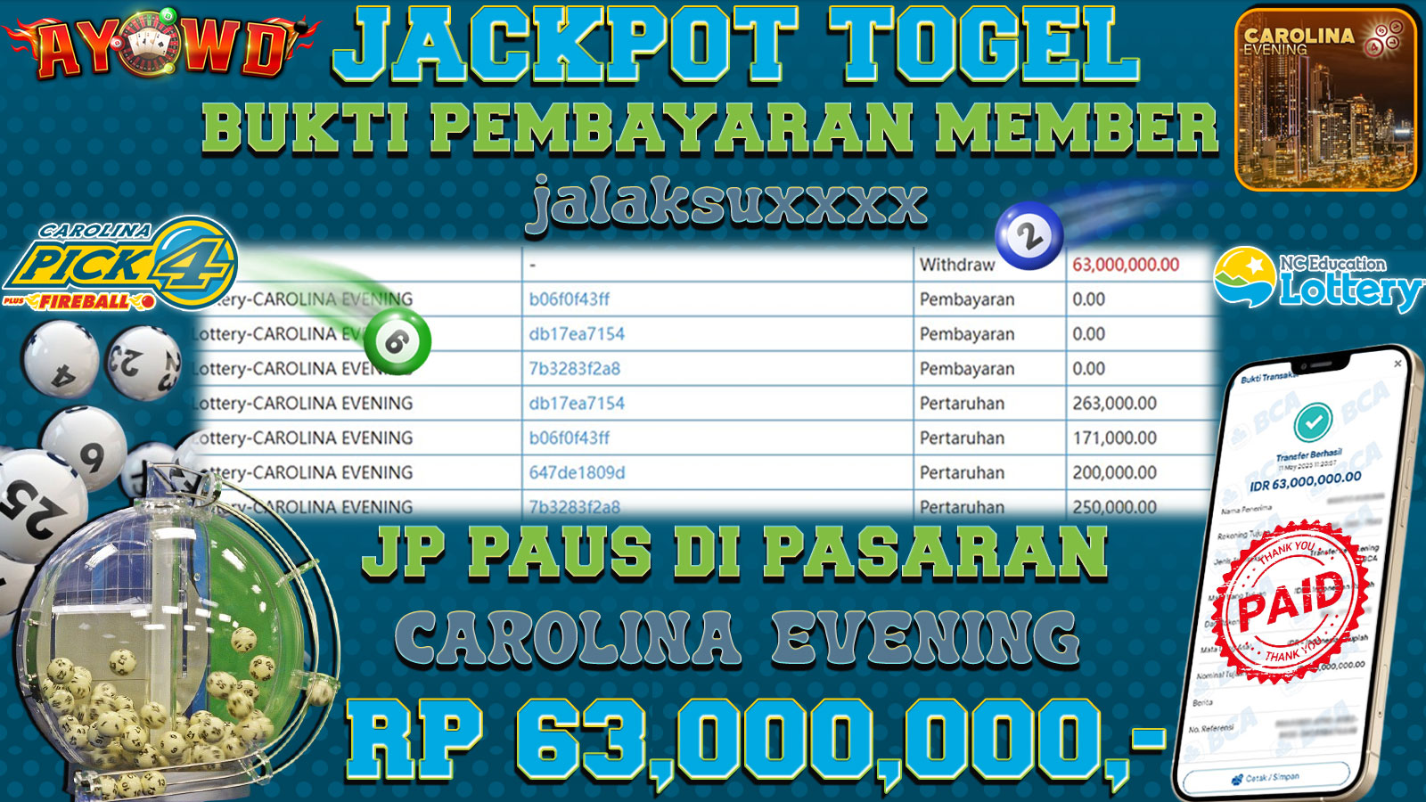AYOWD JACKPOT TOGEL CAROLINA EVENING Rp 63,000,000,- LUNAS