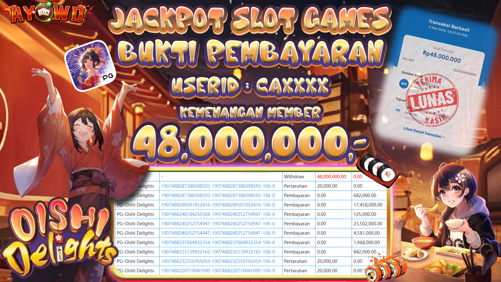 AYOWD JACKPOT SLOT GAMES PG-Oishi Delights Rp 48,000,000,- LUNAS