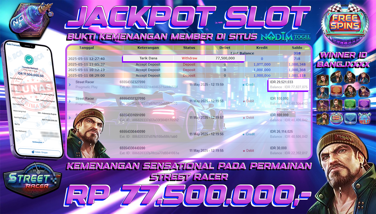 NADIMTOGEL JACKPOT SLOT STREET RACER Rp 77.500.000,- LUNAS