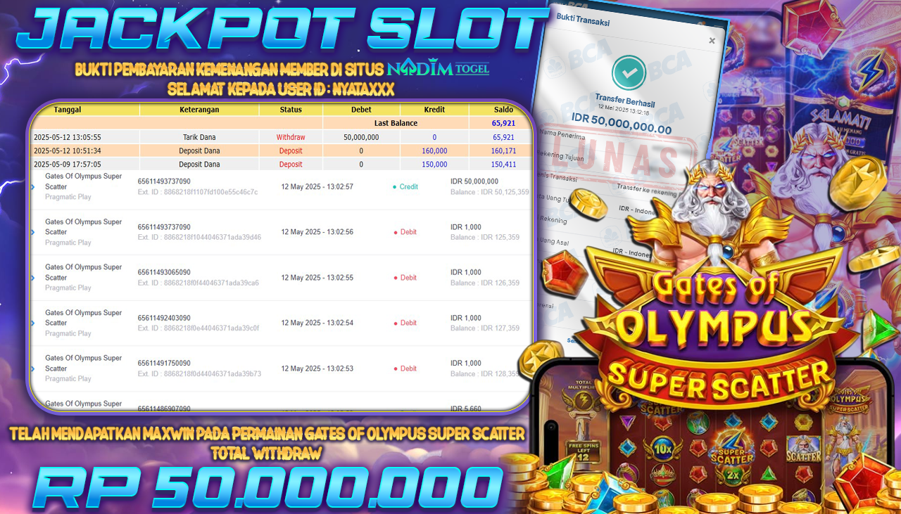 NADIMTOGEL JACKPOT SLOT GATES OF OLYMPUS SUPER SCATTER Rp 50.000.000,- LUNAS