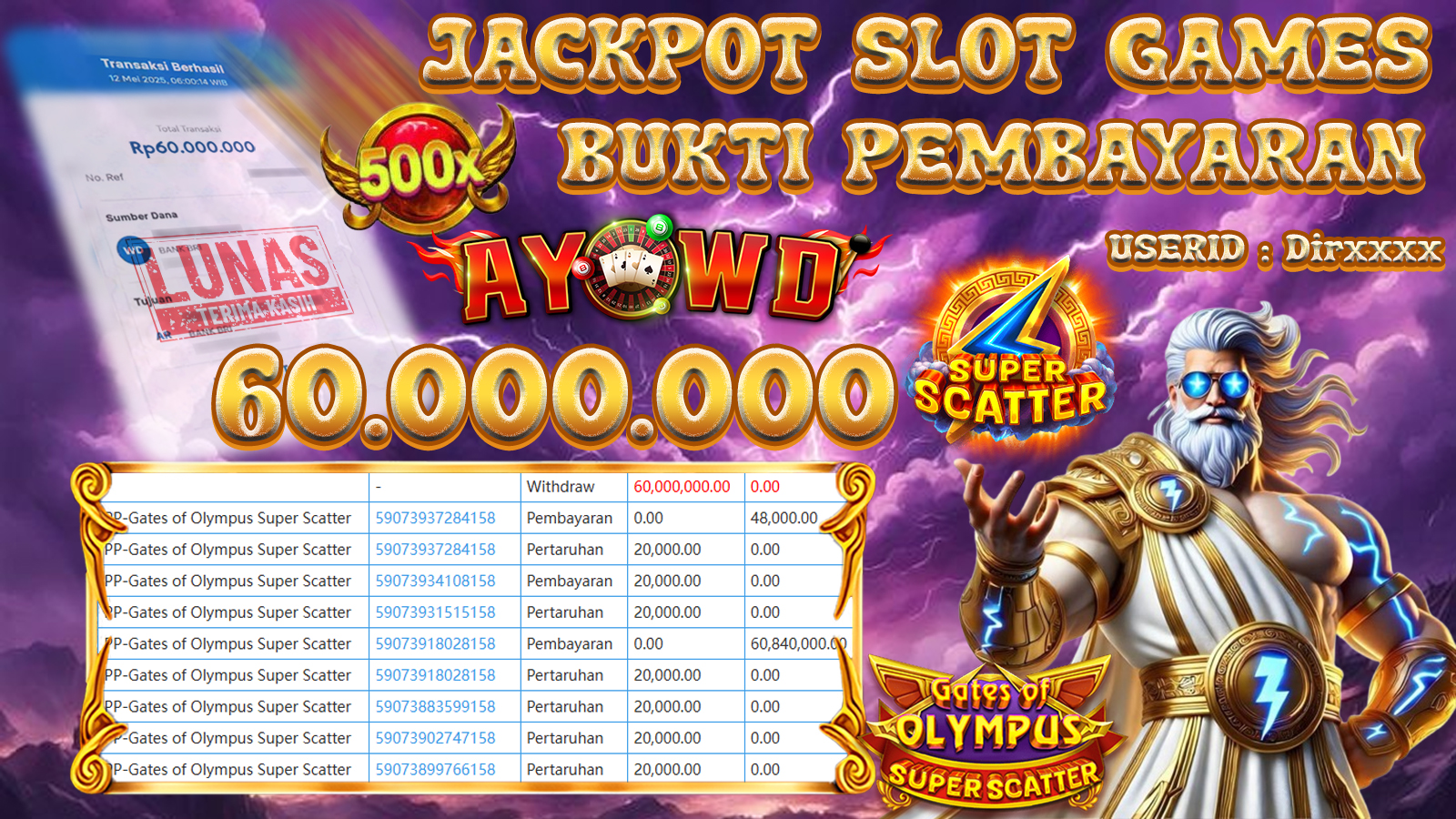 AYOWD JACKPOT SLOT GAMES PP-Gates of Olympus Super Scatter Rp 60,000,000,- LUNAS