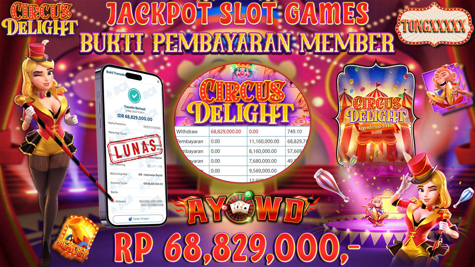 AYOWD JACKPOT SLOT GAMES PG-CIRCUS DELIGHT Rp 68,829,000,- LUNAS