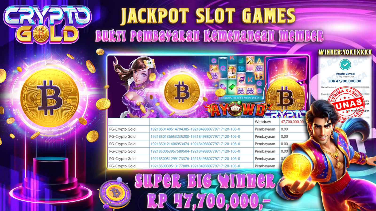 AYOWD JACKPOT SLOT GAMES PG-CRYPTO GOLD Rp 47,700,000,- LUNAS