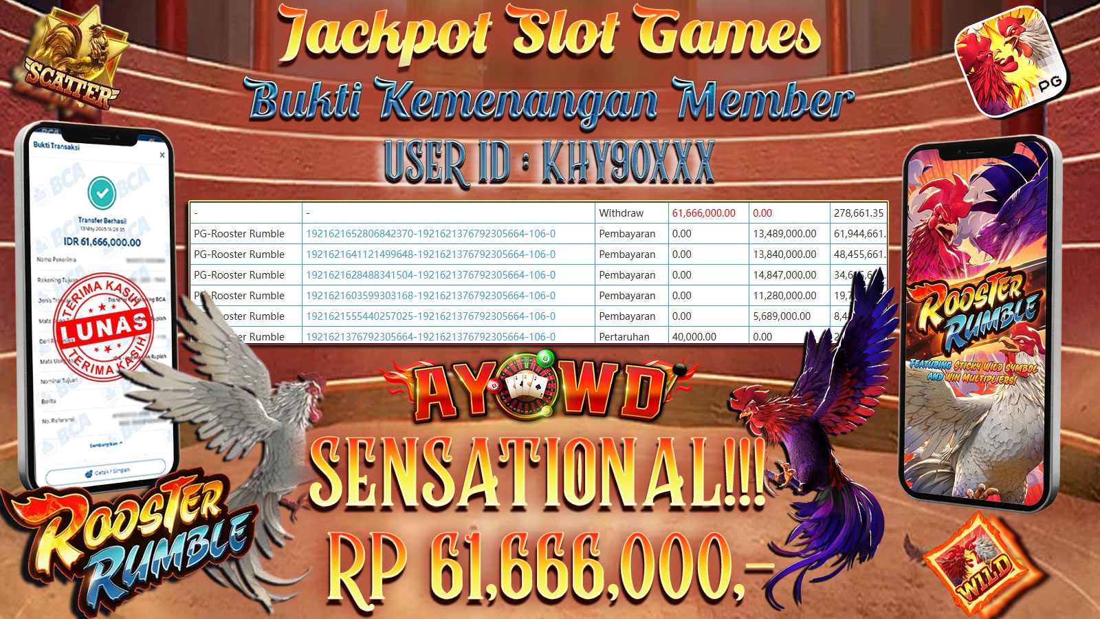 AYOWD JACKPOT SLOT GAMES PG-ROOSTER RUMBLE Rp 61,666,000,- LUNAS
