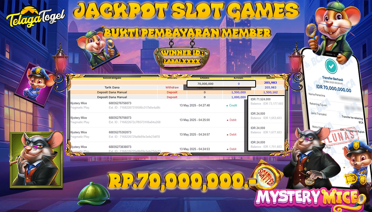 TELAGATOGEL JACKPOT SLOT MYSTERY MICE Rp 70,000,000,- LUNAS 