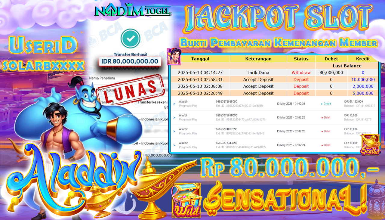 NADIMTOGEL JACKPOT SLOT ALADDIN Rp 80.000.000,- LUNAS