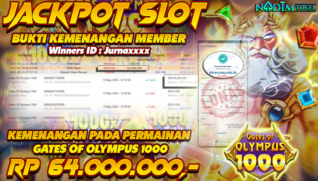 NADIMTOGEL JACKPOT SLOT GATES OF OLYMPUS 1000 Rp 64.000.000,- LUNAS