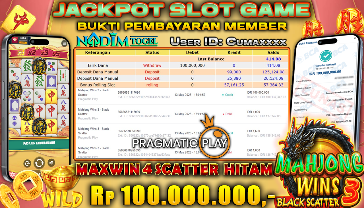 NADIMTOGEL JACKPOT SLOT MAHJONG WINS-3 BLACK SCATTER  Rp 100.000.000,- LUNAS