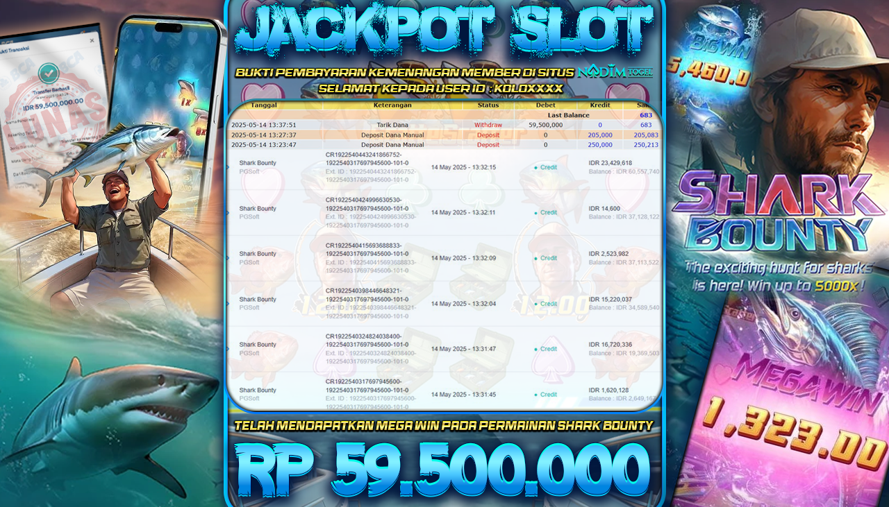 NADIMTOGEL JACKPOT SLOT SHARK BOUNTY Rp 59.500.000,- LUNAS
