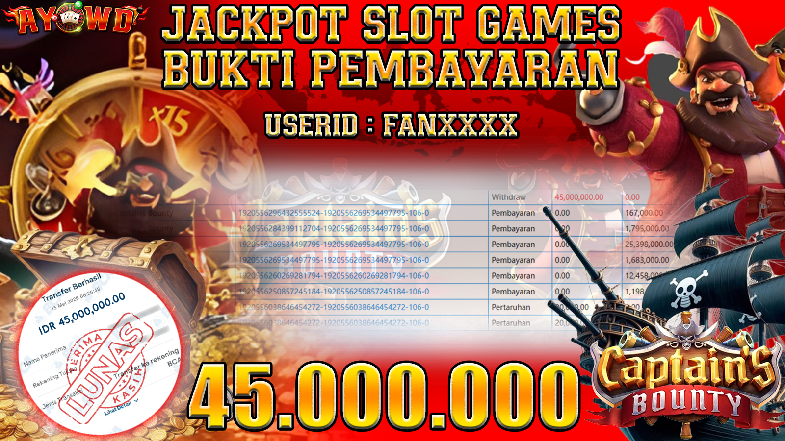 AYOWD JACKPOT SLOT GAMES PG-Captains Bounty Rp 45,000,000,- LUNAS