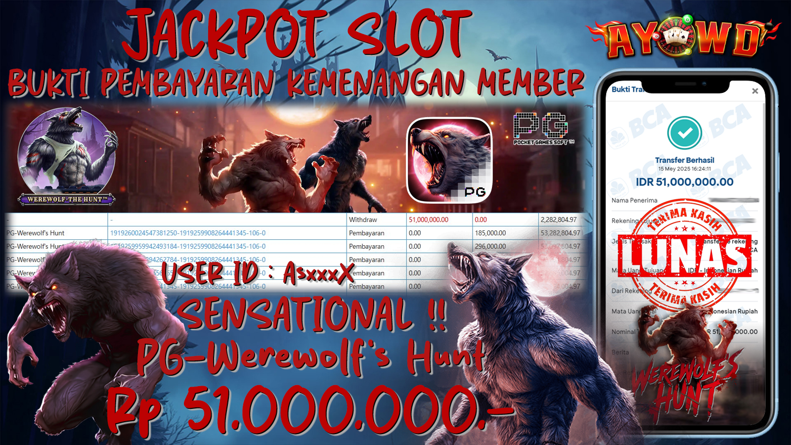 AYOWD JACKPOT SLOT GAMES PG-WEREWOLFS HUNT Rp 51,000,000,- LUNAS