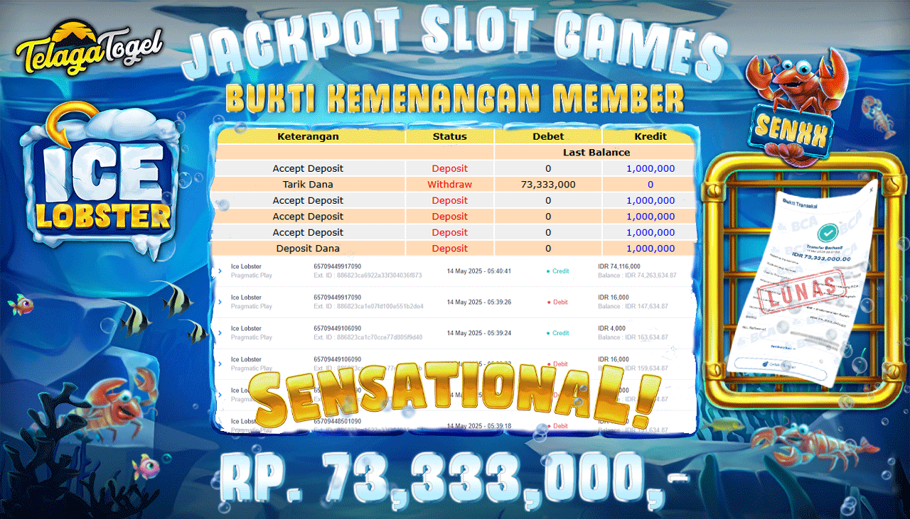 TELAGATOGEL JACKPOT SLOT ICE LOBSTER Rp 73,333,000,- LUNAS 